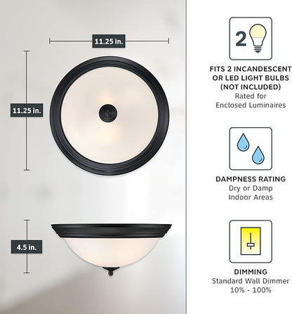 Designers Fountain Flush Mount Ceiling Light, 11 Inch Frosted Glass Lighting Fixture for Kitchen, Bedroom, Bathroom, and Hallway, LED Bulbs Not Included, Matte Black