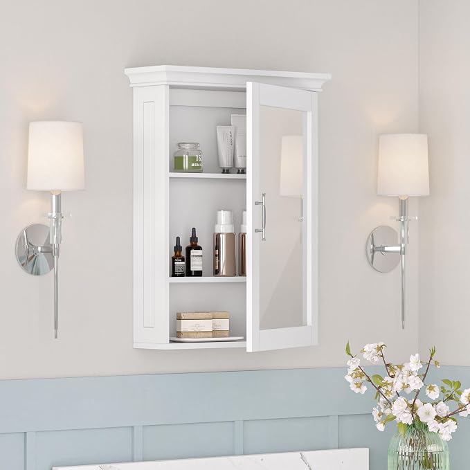 RiverRidge Somerset Bathroom Wall Mount Medicine Cabinet with Mirror, White | Bath Storage Cabinet with Adjustable Interior Shelf and Soft Close Hinges, Two-Tone Handles and Coved Top Detailing