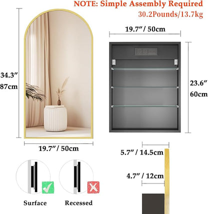 FKWin Medicine Cabinet Mirror with Power Outlet, Surface Mount, 20x34 Inch | Built-in Power Outlet, Adjustable Bathroom Storage, Reversible Left or Right Door, Surface Mount Design, Gold