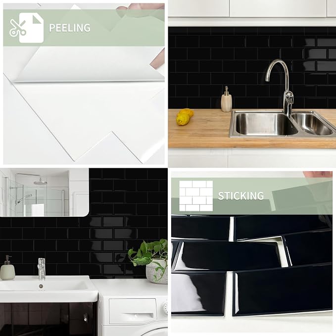 10-Sheet Thick Peel and Stick Kitchen Backsplash Tiles(Black,12.6"×10.6") | D Subway Waterproof Self-Adhesive Wall Tile Stick on Backsplash for Kitchen and Bathroom