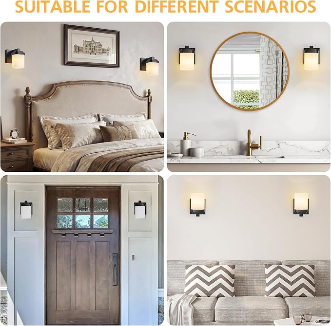 Bathroom Light Fixtures, Vanity Lights Wall Sconces Set of Two | 1-light black bathroom llight fixtures over mirror with milky white square glass shade, 4.72" farmhouse bathroom wall lamps