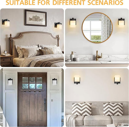Bathroom Light Fixtures, Vanity Lights Wall Sconces Set of Two | 1-light black bathroom llight fixtures over mirror with milky white square glass shade, 4.72" farmhouse bathroom wall lamps