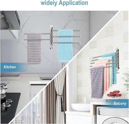 5 Arm Swivel Towel Bar - Heavy Duty SUS304 Stainless Steel Swing Towel Rack for Bathroom, 180° Rotation Wall Mount Towel Holder with Hook, Space-Saving Organizer for Kitchen, Laundry Room
