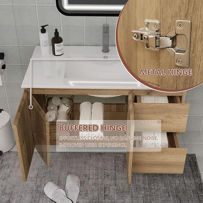 Wall-Mounted Bathroom Vanity with Sink, 2 Soft-Close Drawers and Doors – Moisture-Resistant MDF, Space-Saving Design for Modern Bathrooms (Nature with Sink, 36)