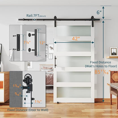 42'' x 84'' Glass Barn Door and 7Ft Hardware Kit Included, White | MDF White Barn Door Slab with Frosted Glass, PVC Surface, Combined with Handle and Floor Guide-Assembly Required