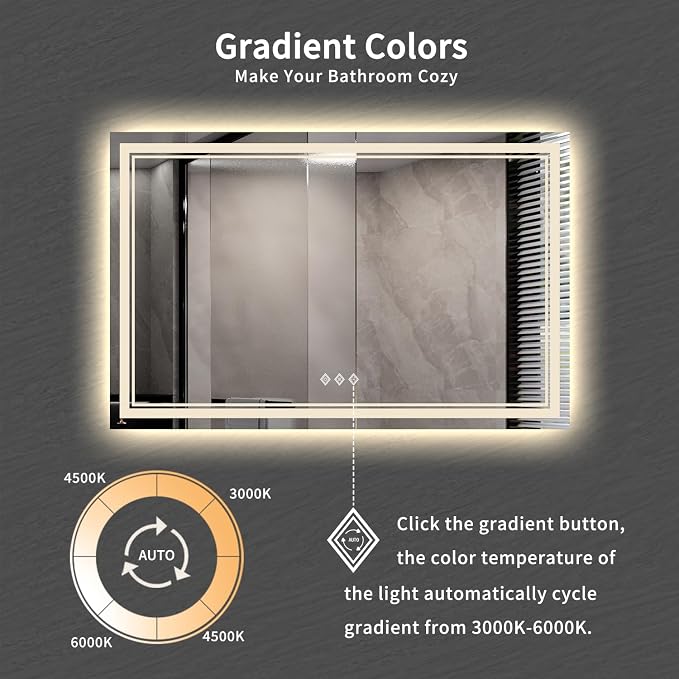 LED Mirror, 55x36 Inch Gradient Front and Backlit Lighted Bathroom Mirror, 3 Colors Dimmable CRI>90 Double Lights, IP54 Enhanced Anti-Fog, Hanging Plates Wall Mount Bathroom Mirror