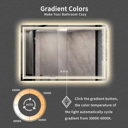 LED Mirror, 55x36 Inch Gradient Front and Backlit Lighted Bathroom Mirror, 3 Colors Dimmable CRI>90 Double Lights, IP54 Enhanced Anti-Fog, Hanging Plates Wall Mount Bathroom Mirror