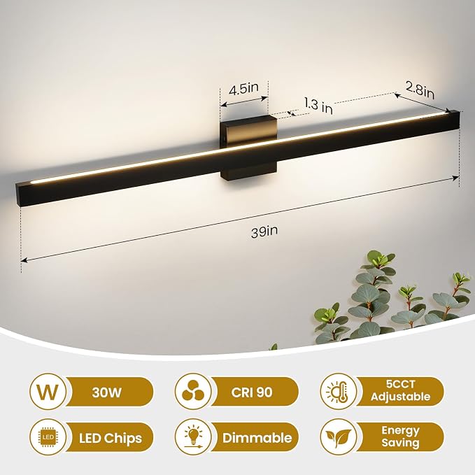 39 Inch Modern Bathroom Vanity Light - Black Bathroom Light Fixture Over Mirror with Up & Down Lighting 30W Dimmable 5CCT LED Bath Vanity Lights for Bathroom Restroom Bedroom