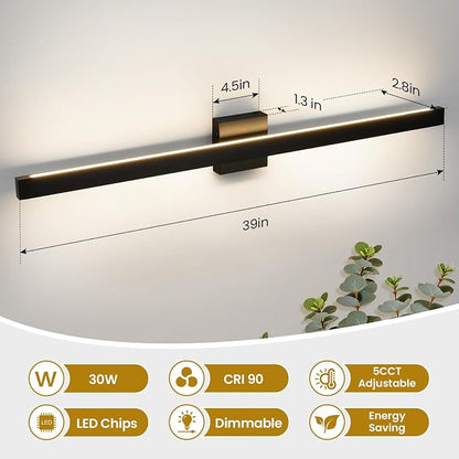 39 Inch Modern Bathroom Vanity Light - Black Bathroom Light Fixture Over Mirror with Up & Down Lighting 30W Dimmable 5CCT LED Bath Vanity Lights for Bathroom Restroom Bedroom