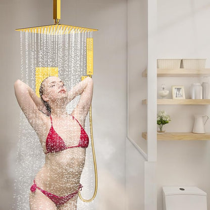 SunCleanse Rainfall Shower System with High Pressure in Brushed Gold | Ceiling mounted shower combo set featuring a 12" square rain head, handheld spray, and rough-in mixer valve with trim.
