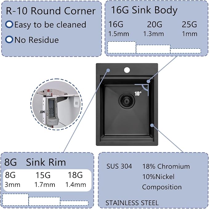 Black Bar Sink Drop In, 15x20 Inch Kitchen Sink Stainless Steel Small Topmount Workstation Sinks, Single Bowl Kitchen Sinks for Office Laundry Wet Bar Prep RV Outdoor Yard
