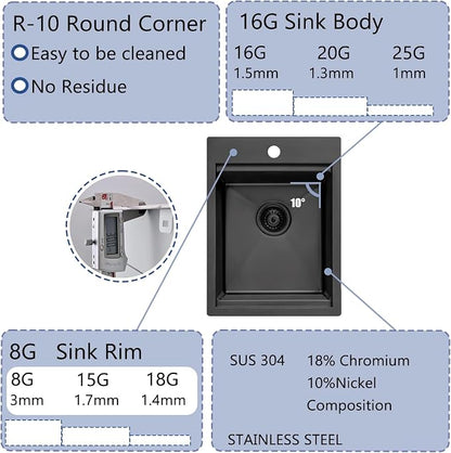 Black Bar Sink Drop In, 15x20 Inch Kitchen Sink Stainless Steel Small Topmount Workstation Sinks, Single Bowl Kitchen Sinks for Office Laundry Wet Bar Prep RV Outdoor Yard