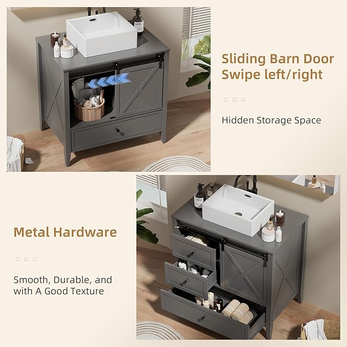 VNN Bathroom Vanity with Sink - 36 Inch Bathroom Vanity with Sink Ceramic, Freestanding Cabinet with Farmhouse Sliding Barn Door and 3 Drawers, Space-Saving Storage Cabinet, Grey