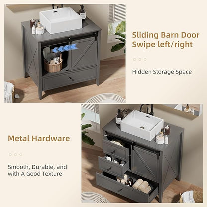 VNN Bathroom Vanity with Sink - 36 Inch Bathroom Vanity with Sink Ceramic, Freestanding Cabinet with Farmhouse Sliding Barn Door and 3 Drawers, Space-Saving Storage Cabinet, Grey