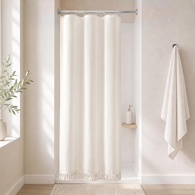 Linen Shower Curtain Boho Cream Shower Curtain with Tassels 36"W x 72"L | Thick linen-poly blend, soft textured drape, handcrafted fringe, neutral rustic farmhouse bathroom decor