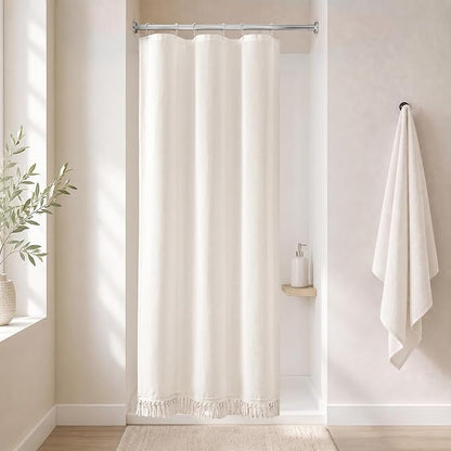 Linen Shower Curtain Boho Cream Shower Curtain with Tassels 36"W x 72"L | Thick linen-poly blend, soft textured drape, handcrafted fringe, neutral rustic farmhouse bathroom decor