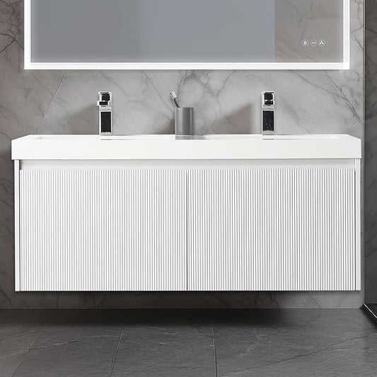 Blossom 48 inch Bathroom Vanity with Sink, Wall Mounted Floating Bathroom Vanity Cabinet with Double Acrylic Sink, All Wood Bathroom Storage Cabinet with Soft Close Drawers, Matte White Finish