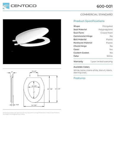 Centoco Elongated Toilet Seat, Closed Front with Cover, Residential, Top Mount Plastic Hinge, Plastic, Made in the USA, 600-106, Bone