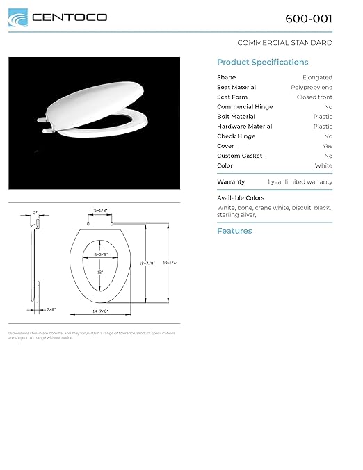 Centoco Elongated Toilet Seat, Closed Front with Cover, Residential, Plastic, Made in the USA, 600-001, White