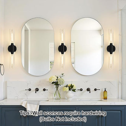 Wall Sconces Set of Two,Matte Black Bathroom Sconces with Clear Glass, Hardwired Sconces Wall Decor Set of 2, Modern Wall Vanity Light Fixtures for Bathroom Mirror Bedroom Living Room Hallway