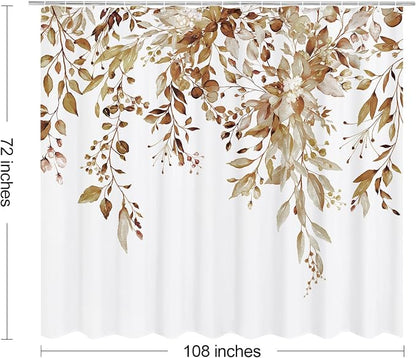 Brown Eucalyptus Shower Curtain, Watercolor Floral Print, 108x72 | Watercolor Plant Leaves Floral Print, Extra Wide Waterproof Fabric Bathroom Decor, Machine Washable, Rustproof Grommets