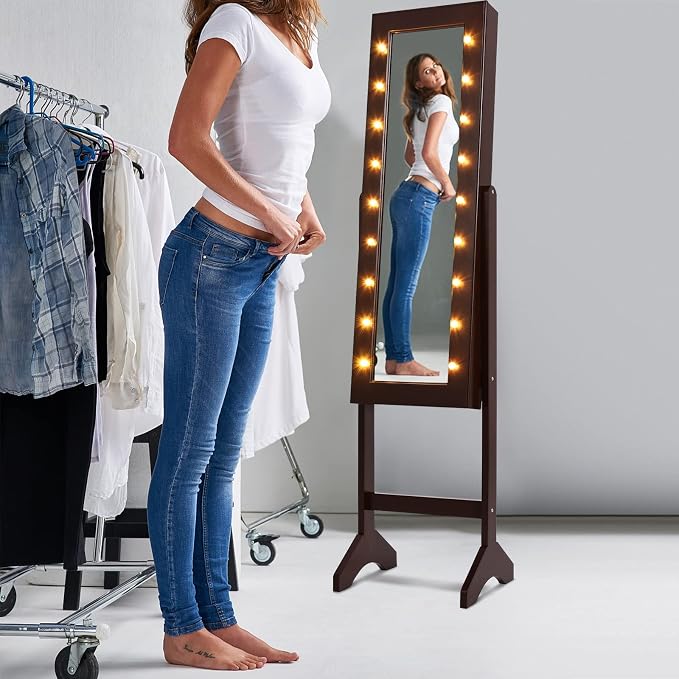 NAFORT 18 LED Lights Standing Mirror Jewelry Cabinet, Large Storage Mirror Full Length, Jewelry Armoire with Lipstick Holders, Shelves, Earring Notches, Inside Makeup Mirror, Brown