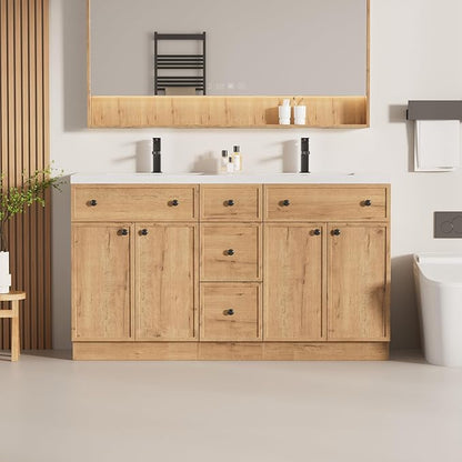 LUCKWIND 60" Bathroom Vanity Sink Combo, Modern Bathroom Cabinet with Double Undermount Solid Surface Vanity Sink, Soft-Close Hinges & Water-Saving Faucet, Natural