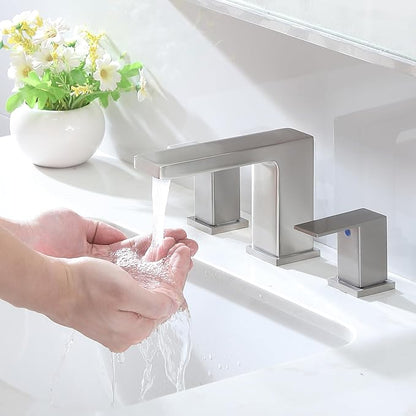 VC CUCINE Brushed Nickel 3 Hole Bathroom Faucet, 2 Handles, 8 Inch, Modern Vanity Sink Faucet with Drain and Supply Lines