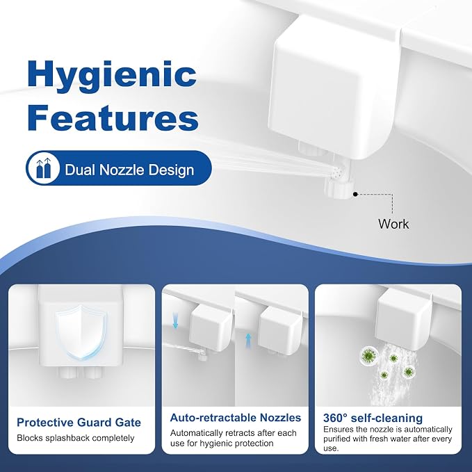 Hibbent 2 Pack Ultra-Slim Bidet Attachment for Toilet, Non-Electric Self Cleaning Bidet Toilet Seat, Adjustable Water Pressure Bidet Sprayer, Retractable Dual Nozzles for Rear & Feminine Wash
