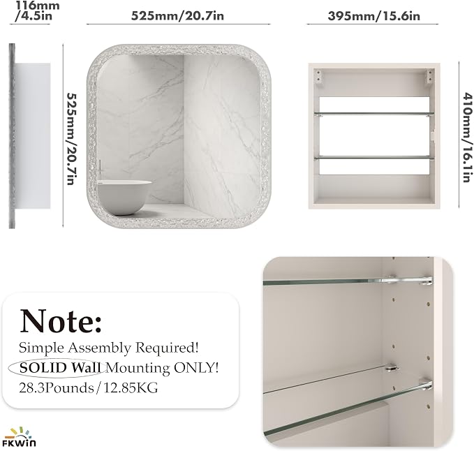 FKWin Luxury Medicine Cabinet Mirror for Bathrooms or Apartment, Wall Mount | Crystal Embossed Acrylic Frame Medicine Cabinets for Bathroom, Easy Install, Adjustable Shelves, Reversible Door, 21x21 inch