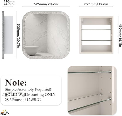 FKWin Luxury Medicine Cabinet Mirror for Bathrooms or Apartment, Wall Mount | Crystal Embossed Acrylic Frame Medicine Cabinets for Bathroom, Easy Install, Adjustable Shelves, Reversible Door, 21x21 inch
