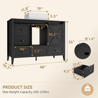 VNN Bathroom Vanity with Sink - 48 Inch Bathroom Vanity with Sink Ceramic, Freestanding Cabinet with Farmhouse Sliding Barn Door and 7 Drawers, Space-Saving Storage Cabinet, Wood Grain Texture, Black