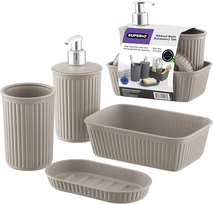 Superio Ribbed Collection - Decorative Plastic Bathroom Accessories Set, Taupe (Set of 4) Soap Dish, Liquid Dispenser, Toothbrush Holder Cup, Vanity Organizer Tray Bathroom Countertop Decor Gift