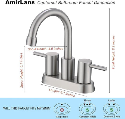 4 Inch 2 Handle 2 or 3 Hole Bathroom Faucet with Pop up Drain and Supply Lines, Brushed Nickel Bathroom Sink Faucet 3 Hole, Stainless Steel Vanity Faucets for Bathroom, Restroom, Rv