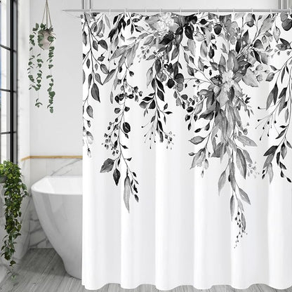 Black Eucalyptus Shower Curtain, Watercolor Floral Print, 72x96 | Watercolor Plant Leaves Floral Print, Extra Long Waterproof Fabric Bathroom Decor, Machine Washable, Rustproof Grommets