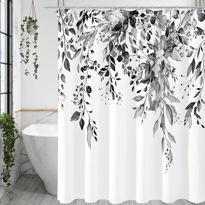 Grey Eucalyptus Shower Curtain, Watercolor Floral Print, 72x96 | Watercolor Plant Leaves Floral Print, Extra Long Waterproof Fabric Bathroom Decor, Machine Washable, Rustproof Grommets