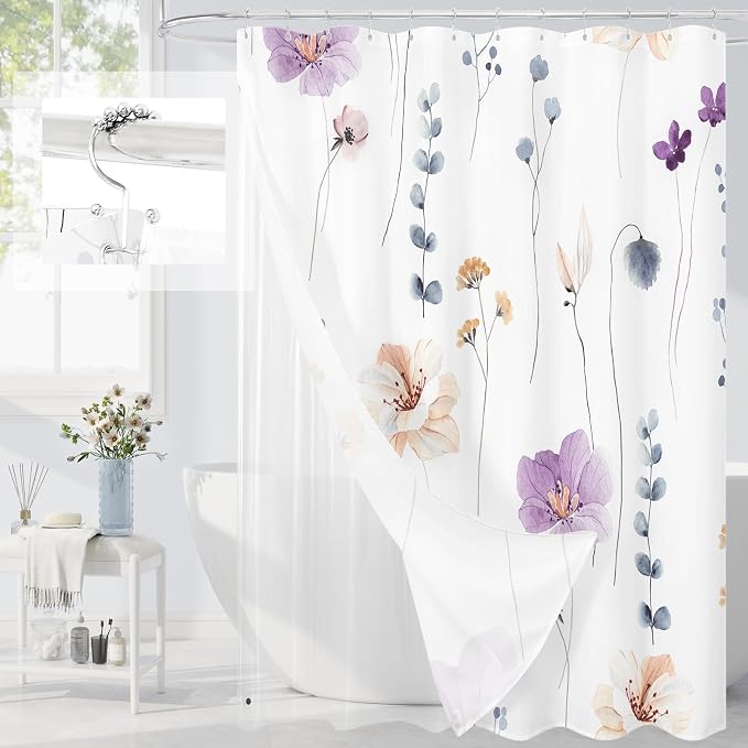 Extra Long 3 in 1 Shower Curtain Set, Purple Watercolor Floral Bath Curtain and PEVA Liner Set with 12 Double Sided Steel Hooks, Waterproof Fabric Bathroom Curtain 72x84