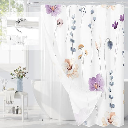 Extra Long 3 in 1 Shower Curtain Set, Purple Watercolor Floral Bath Curtain and PEVA Liner Set with 12 Double Sided Steel Hooks, Waterproof Fabric Bathroom Curtain 72x84