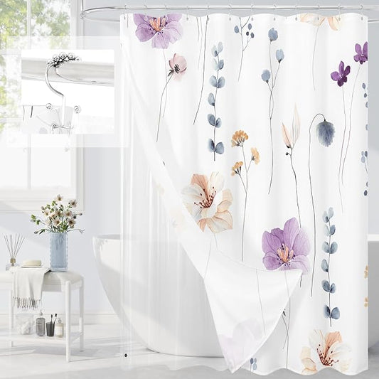 Extra Long 3 in 1 Shower Curtain Set, Purple Watercolor Floral Bath Curtain and PEVA Liner Set with 12 Double Sided Steel Hooks, Waterproof Fabric Bathroom Curtain 72x84
