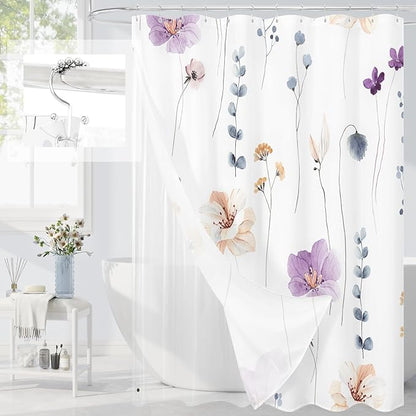 3 in 1 Shower Curtain Set, Purple Watercolor Floral Bath Curtain and PEVA Liner Set with 12 Double Sided Steel Hooks, Waterproof Fabric Bathroom Curtain 72x72
