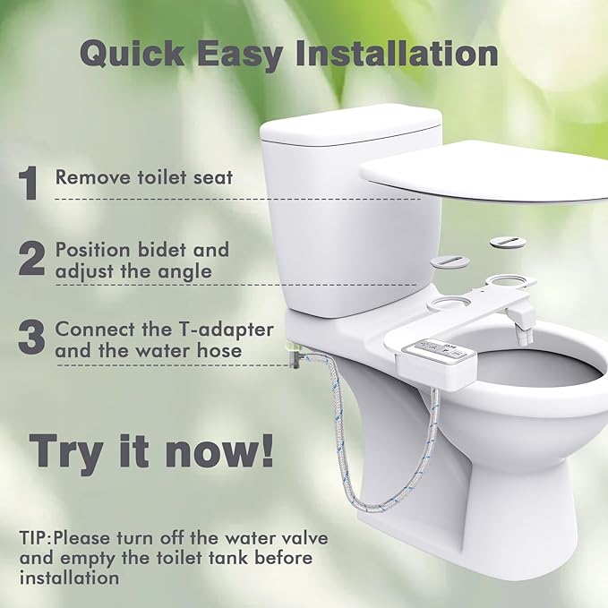 Bidet Attachment for Toilet - Non-Electric Self-Cleaning Dual Nozzles (Feminine & Rear Wash), Adjustable Water Pressure Control, Fresh Cold Water Sprayer