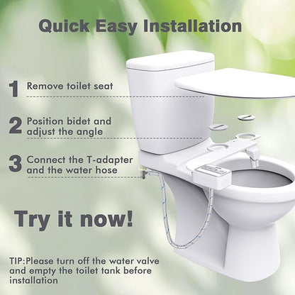 Bidet Attachment for Toilet - Non-Electric Self-Cleaning Dual Nozzles (Feminine & Rear Wash), Adjustable Water Pressure Control, Fresh Cold Water Sprayer