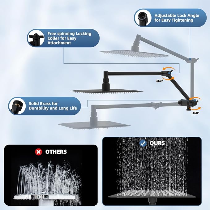 Metal Rain Shower Head with Handheld, 8" High-Pressure Showerhead,10-Mode | Black, Rainfall Shower Head with 5" Large Handheld Spray, Adjustable 16" Shower Extension Arm/71" Hose, Brass 3-Way Diverter