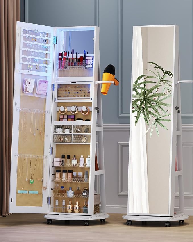 Full Length Mirror with Jewelry Storage, 360° Rotating Jewelry Armoire Organizer with Lights, Lockable Mirror Jewelry Cabinet Standing, Jewelry Mirror Cabinet for Gifts (White)