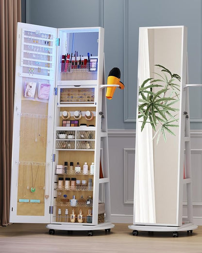 Full Length Mirror with Jewelry Storage, 360° Rotating Jewelry Armoire Organizer with Lights, Lockable Mirror Jewelry Cabinet Standing, Jewelry Mirror Cabinet for Gifts (White)