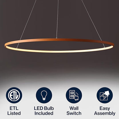 JONATHAN Y 35" Orange Modern Integrated LED Pendant Light, Dimmable Round Hoop Chandelier for Kitchen Island, Dining Room, Adjustable Height Metal Hanging Light (JYL7220G)