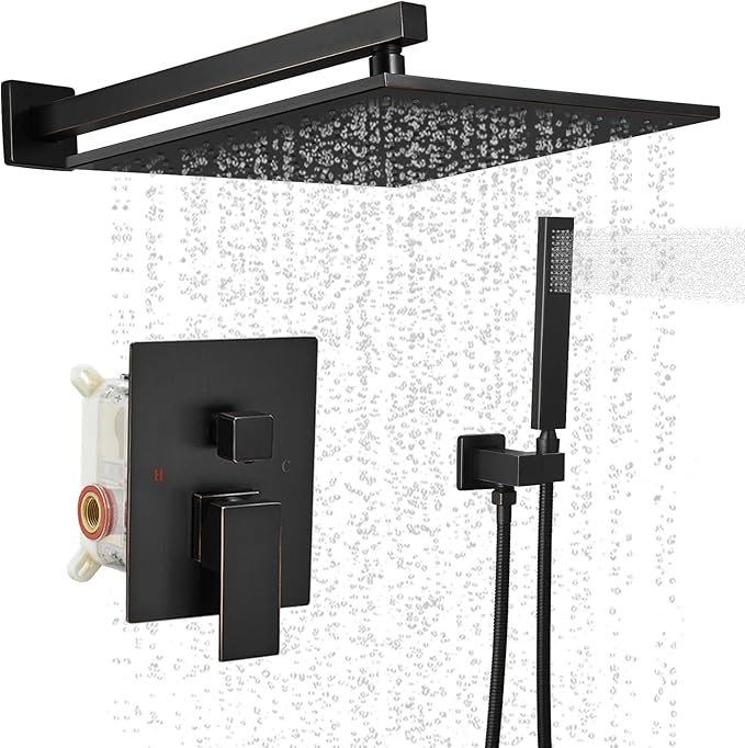 BWE Shower Faucets Sets 10 Inch Square Bathroom Luxury Rain Shower Head with Handheld Spray Wall Mounted Oil Rubbed Bronze Shower System Rough-in Valve Body and Trim Included