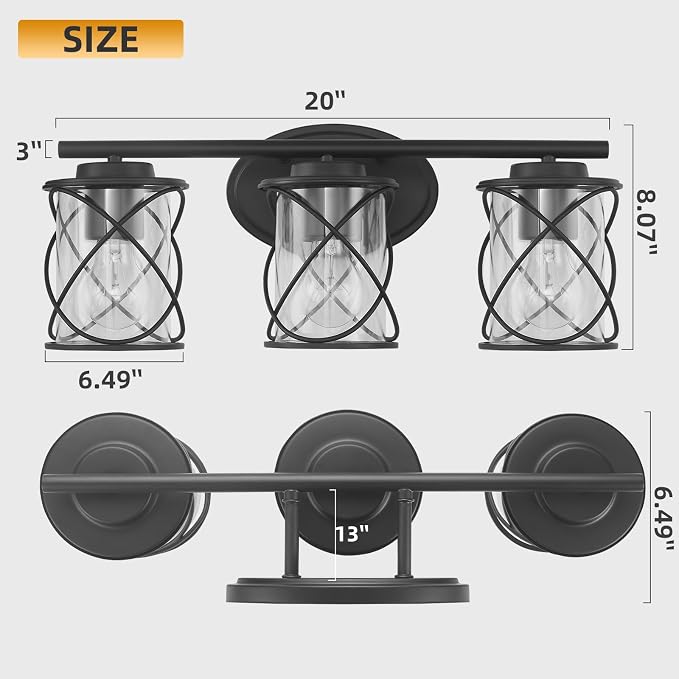3-Lights Bathroom Vanity Lights, Bathroom Light Fixtures Over Mirror, Matte Black Vanity Light, Farmhouse Wall Lights with Clear Glass Shade, Bathroom Wall Lamp for Mirror Kitchen Bedroom