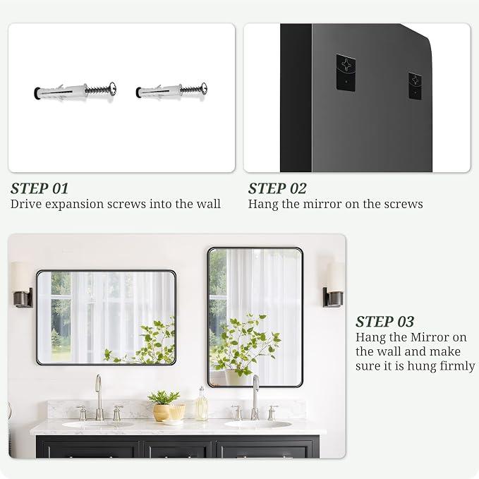 Bathroom Mirror 36x24 Inch Black Metal Frame Rectangle Vanity Mirror | Modern Wall Mounted Anti-Rust Mirror with Rounded Corners for Farmhouse, Restroom, Entryway, Horizontal or Vertical Hanging