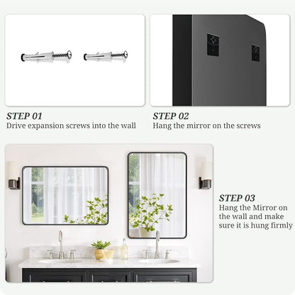 Bathroom Mirror 36x24 Inch Black Metal Frame Rectangle Vanity Mirror | Modern Wall Mounted Anti-Rust Mirror with Rounded Corners for Farmhouse, Restroom, Entryway, Horizontal or Vertical Hanging